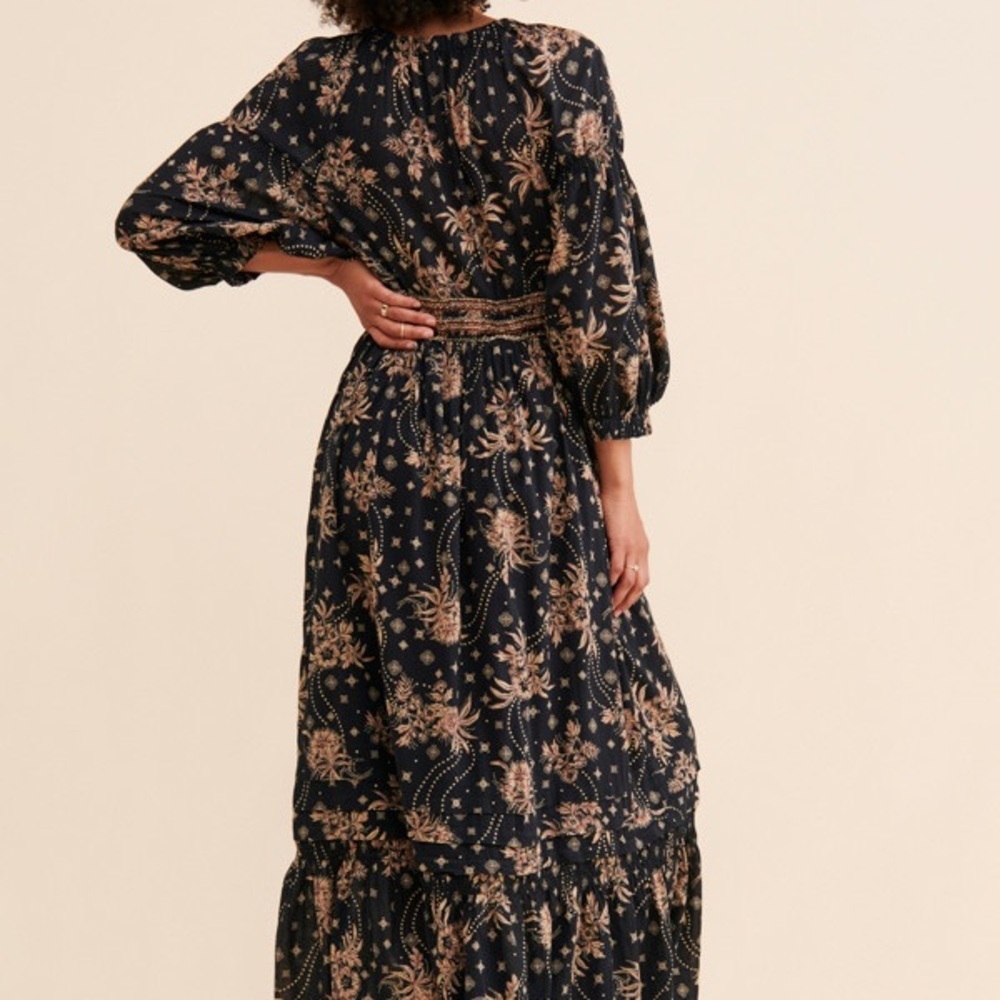 Free People Golden Hour Smocked Bodice Cotton Maxi Dress Women’s XS Black/Beige - Picture 2 of 15